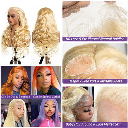 613 Blonde Body Wave 200% 13x6 HD Lace Frontal Human Hair Wigs 38 40 Inches Honey Colored Lace Closure Front Wig For Black Women