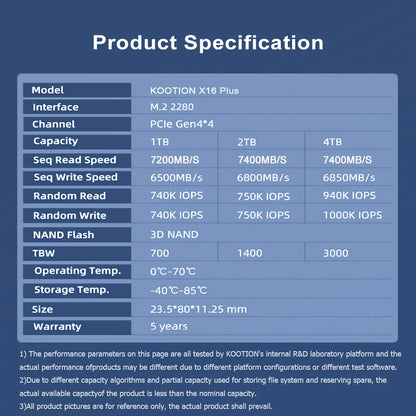 KOOTION X16Plus SSD NVMe M2 1TB 2TB 512GB Internal Solid State Hard Disk PCIe 4.0x4 2280 SSD M.2 Drive for PS5 Laptop PC