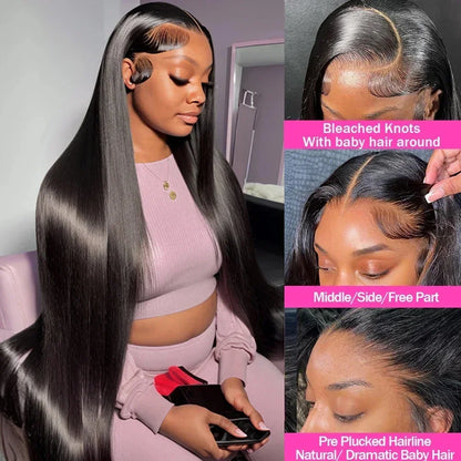 200 Density 13x4 13x6 Full Frontal 360 HD Transparent Lace 40 46 Inch Long Straight 5x5 Closure Human Hair Pre plucked Wigs