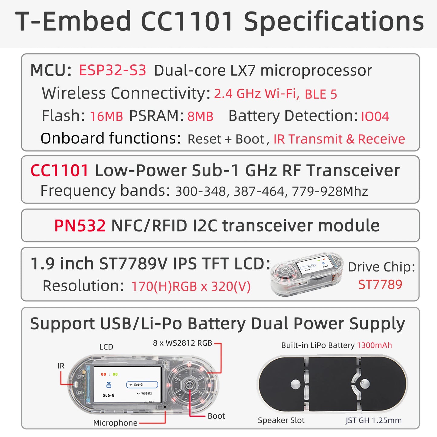 LILYGO® T-Embed ESP32-S3 CC1101 Low-Power Sub-1 GHz RF Transceiver PN532 NFC RFID I2C Module LCD Board Built-in Battery 1300mAh