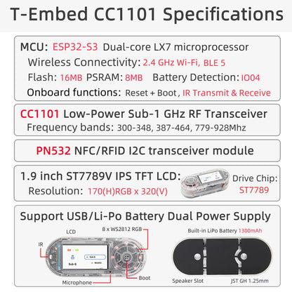 LILYGO® T-Embed ESP32-S3 CC1101 Low-Power Sub-1 GHz RF Transceiver PN532 NFC RFID I2C Module LCD Board Built-in Battery 1300mAh