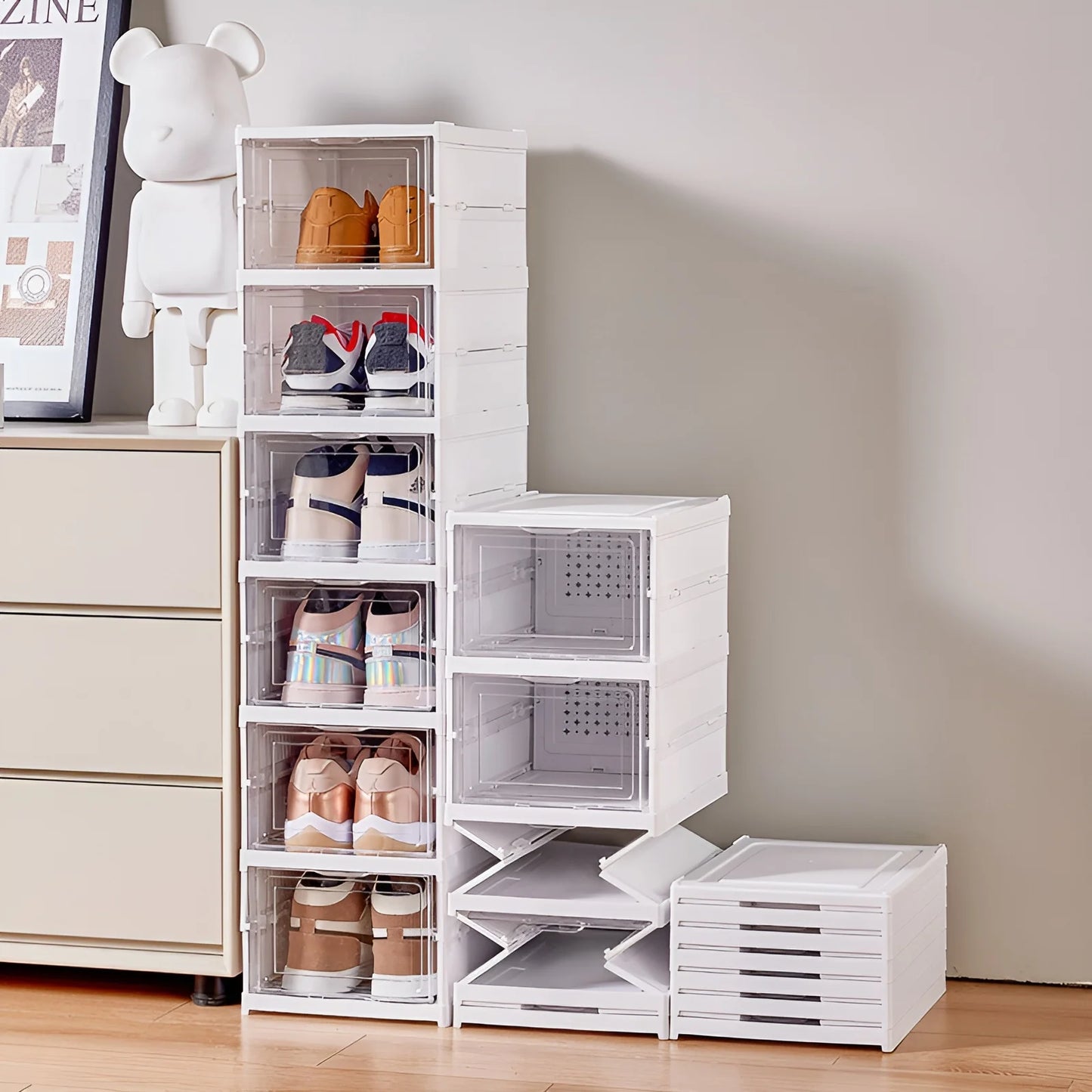 6 Layers Shoes Box Foldable Transparent Sneaker Shoe Storage Organizers Box Stackable Dustproof High-top Cabinet Shoe Rack Shelf